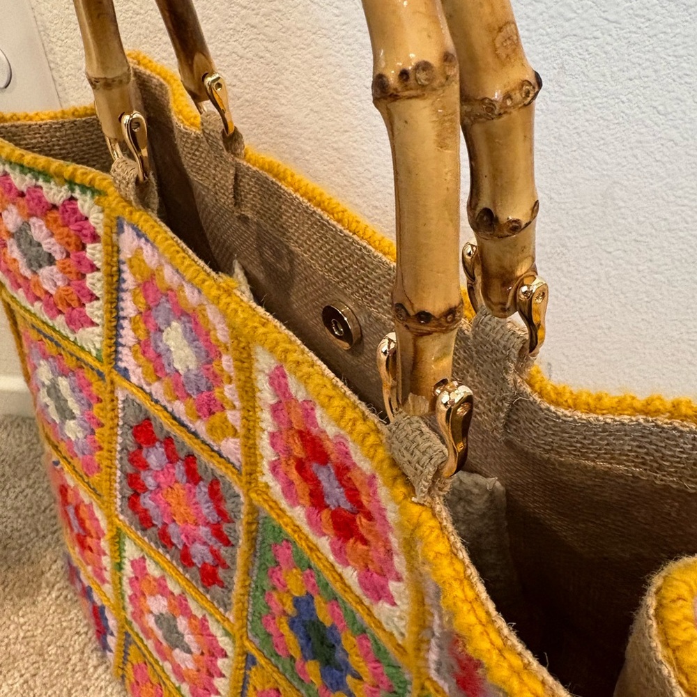 Milanesa Crochet Square Tote Bag with Bamboo Handles - Multicolor - Picture 5 of 10